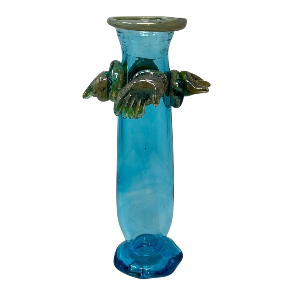 Leon Applebaum Signed Blue Glass Vase Four Hands 12” Tall Art Blown with **FLAWS